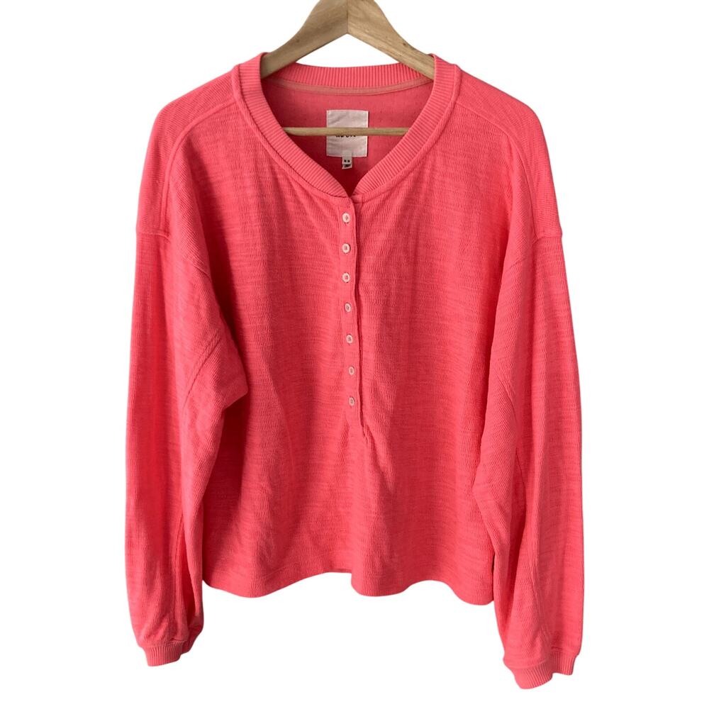 aerie Neon Coral Pullover Knit Top Henley Buttons Medium